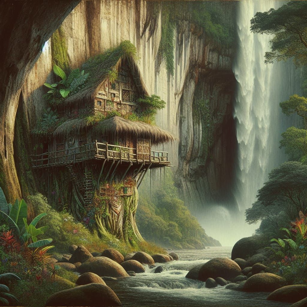 Organic Cliffside Oasis with Tropical Waterfall