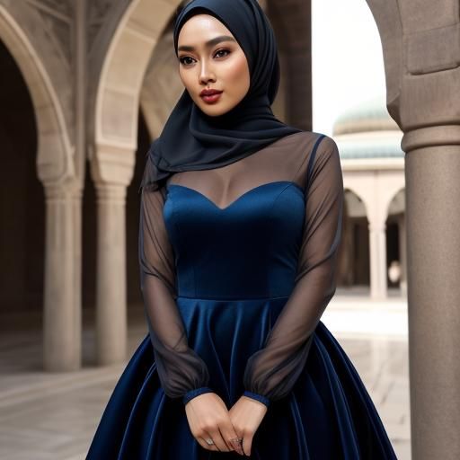 Beautiful Indonesian Woman in Satin Dress and Hijab