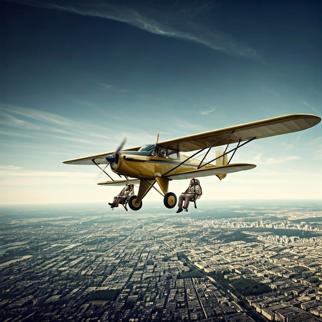 Vintage Airplane with Chairs on Wings in Flight