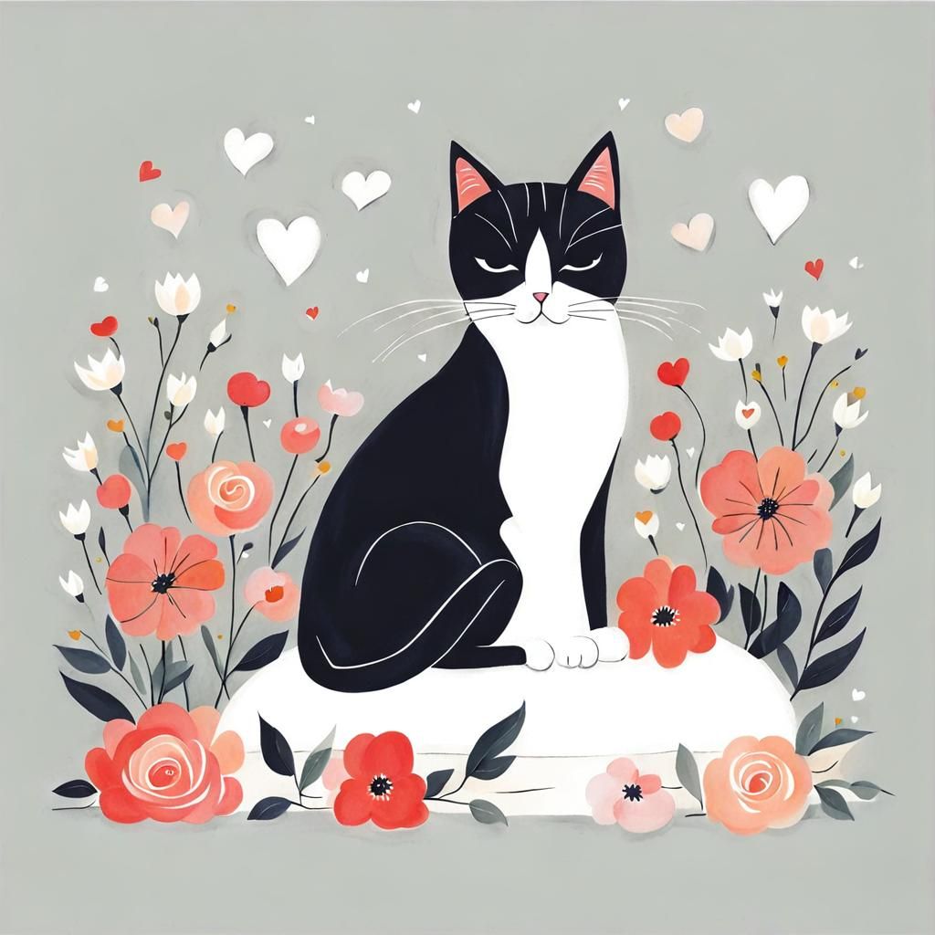 Cat on Pillow Surrounded by Flowers, Editorial Cartoon