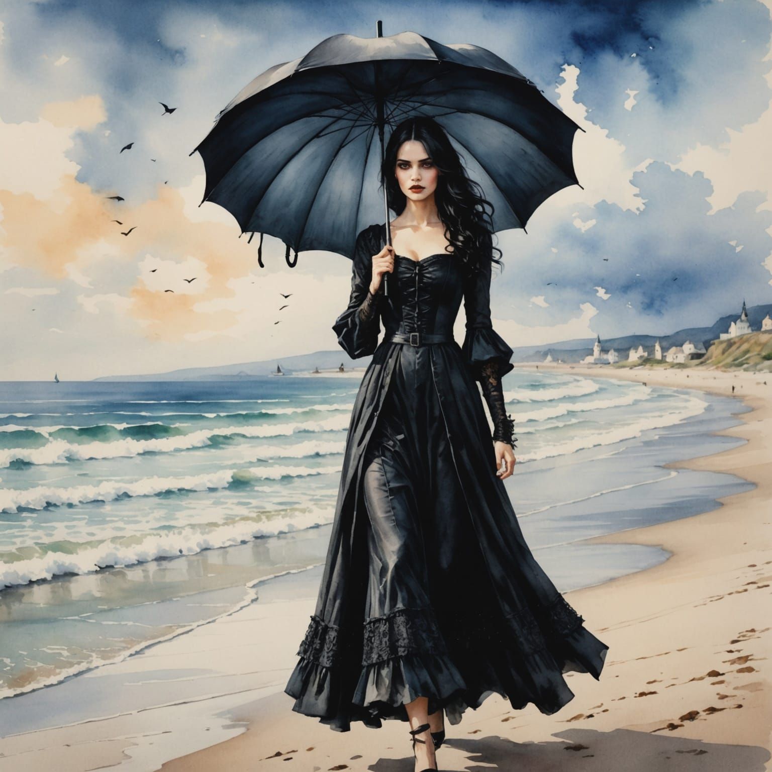 Gothic Beauty Walks the Watercolor Beach