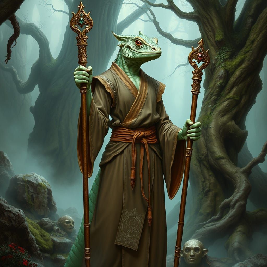 Regal Jade Lizard Woman Warrior of the Mystic Forest