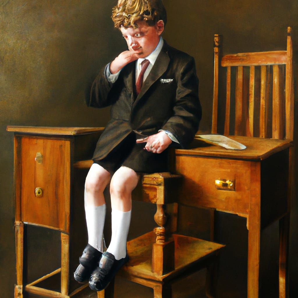 Shy Boy in School Uniform: Photorealistic Oil Painting
