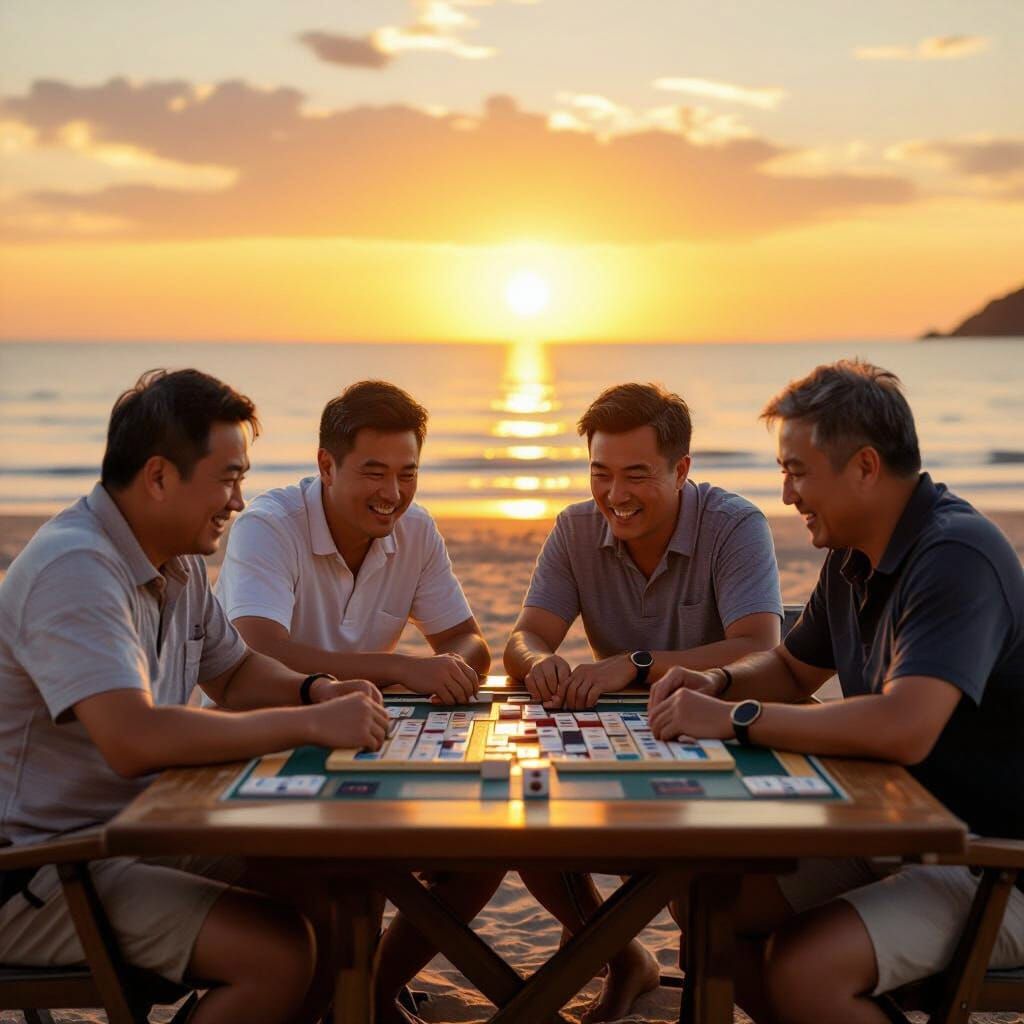 Mahjong Game at Sunset on Beach, Realistic Style