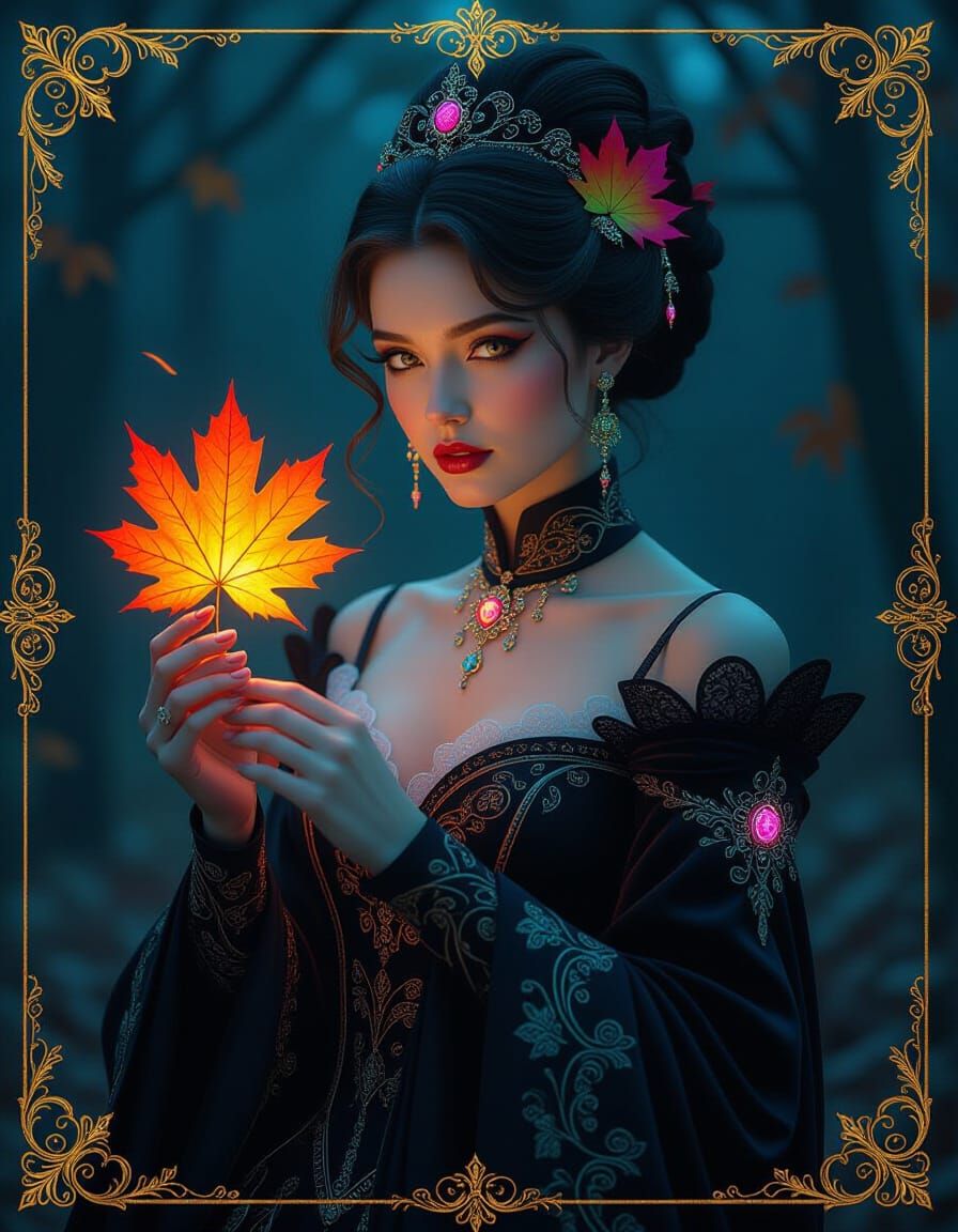 Neo-Baroque Woman with Neon Accents and Spectral Leaf