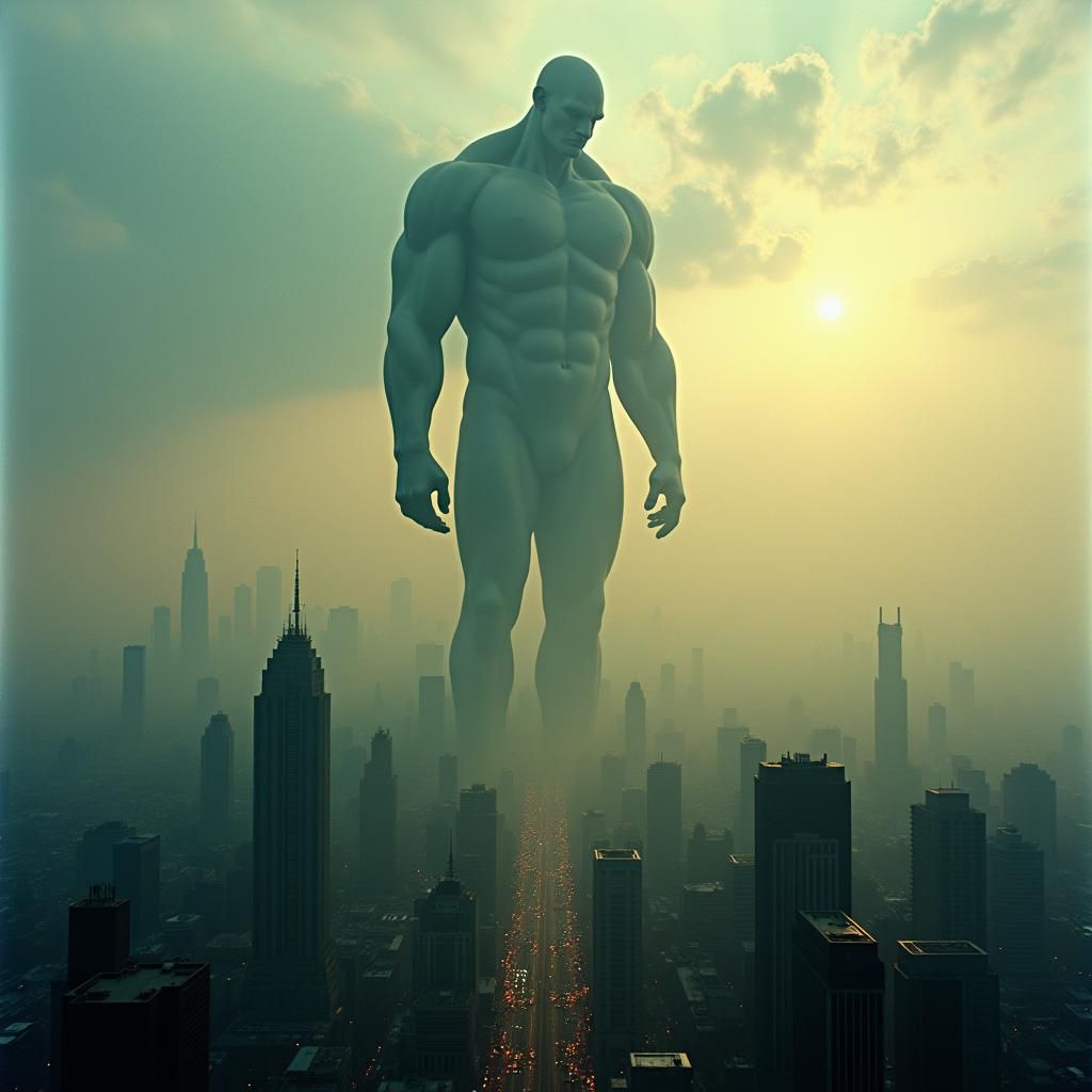 Colossal Giant Over Metropolis in Cinematic Style