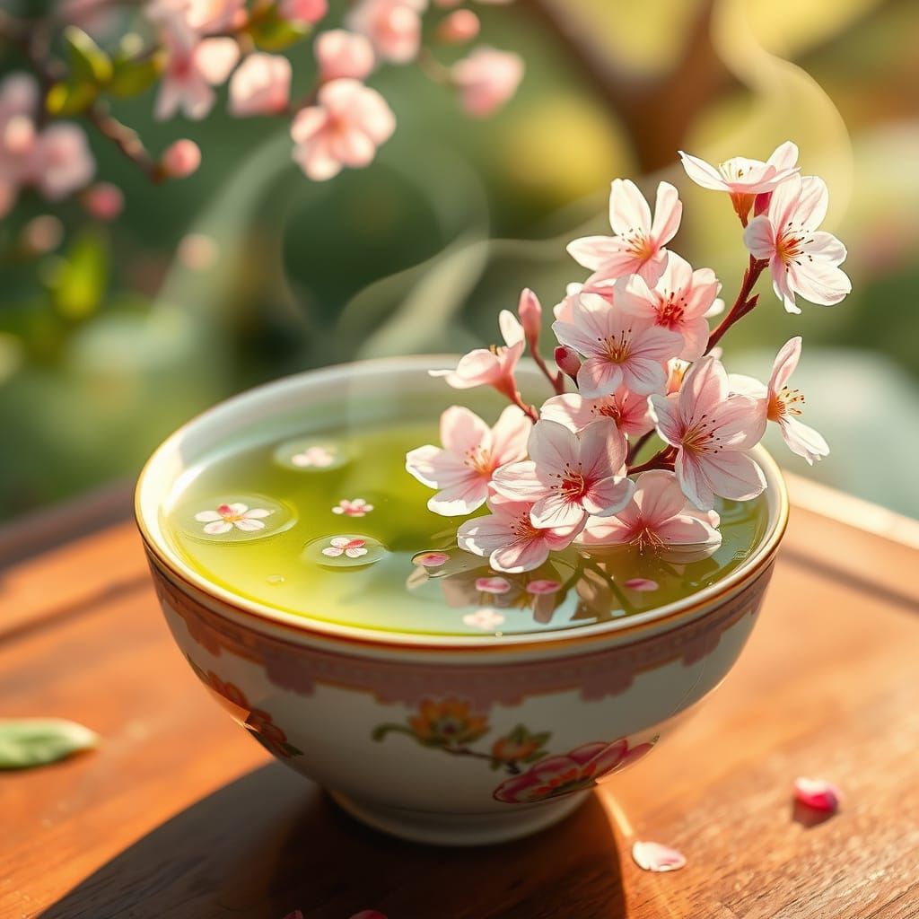 Surreal Cherry Blossom Tea Scene in Whimsical Watercolor Sty...