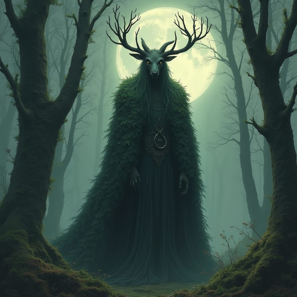 Majestic Slavic Mountain Spirit in Moonlit Forest