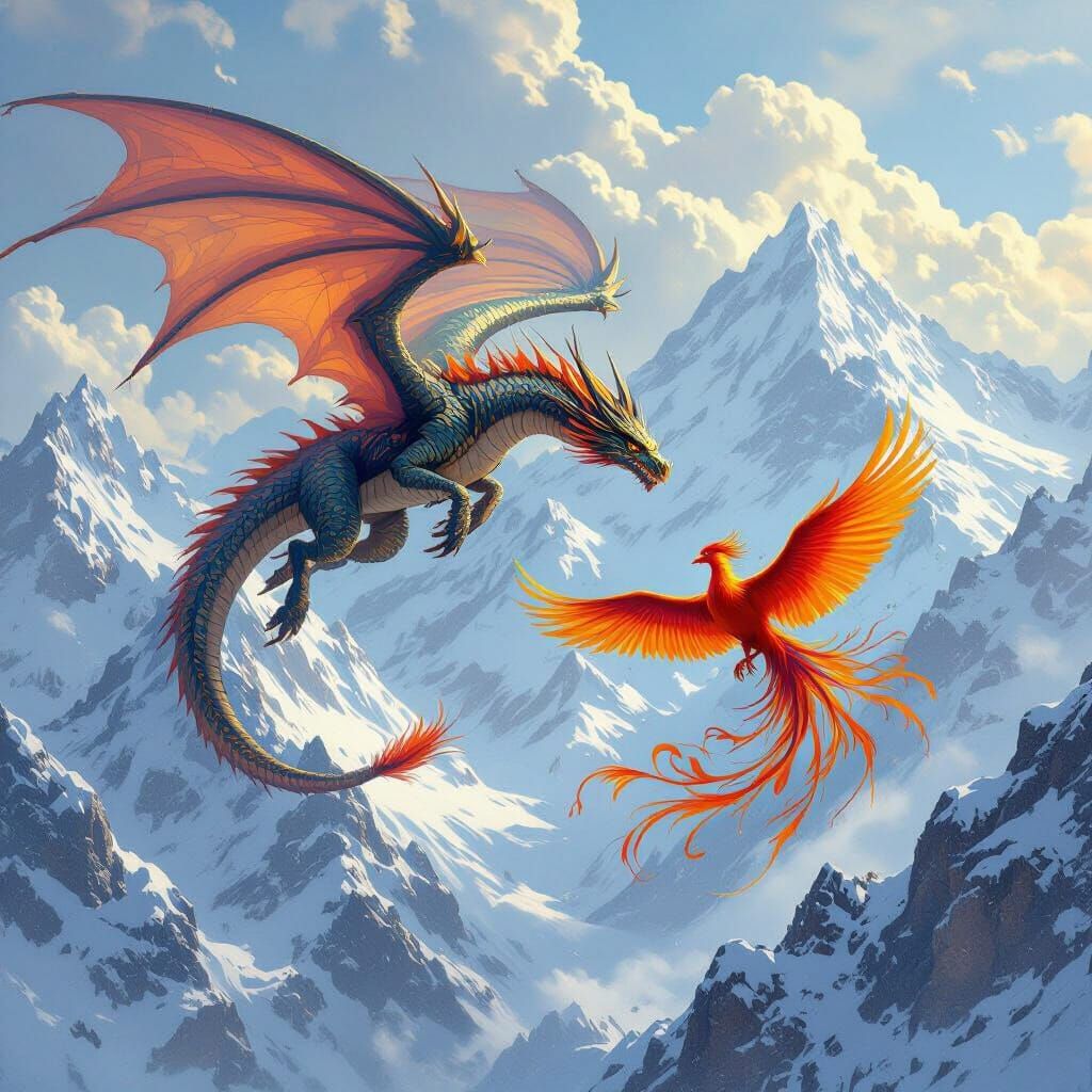Dragon and Phoenix Soaring Above Mountains