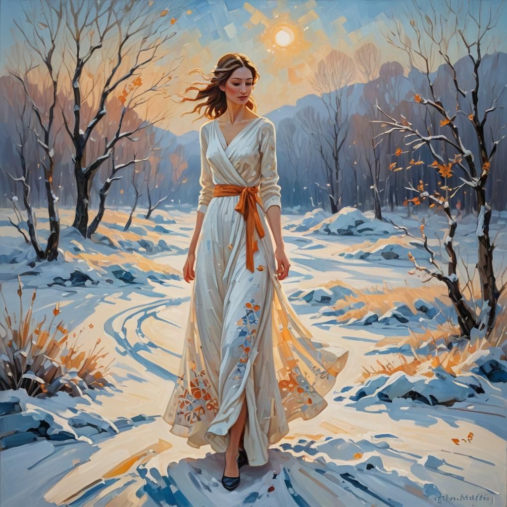 Woman in Snow, Neo-Impressionist Impasto Painting