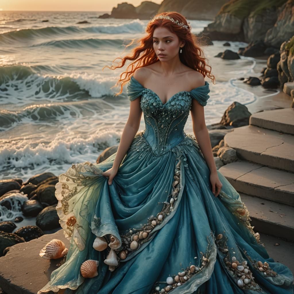 Ariel in Ocean-Blue Gown at Sunset