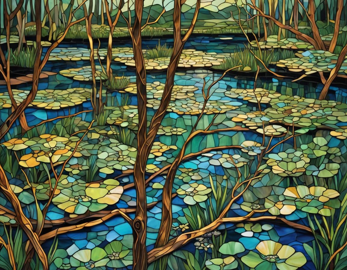 Stained Glass Swamp Landscape with Jewel Frogs