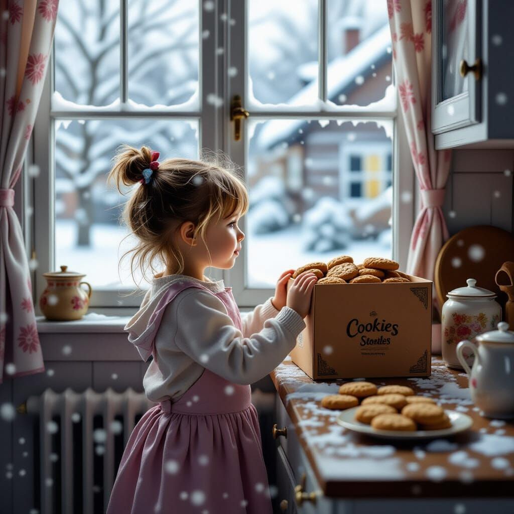 Girl Reaches for Cookies in Snowy Kitchen