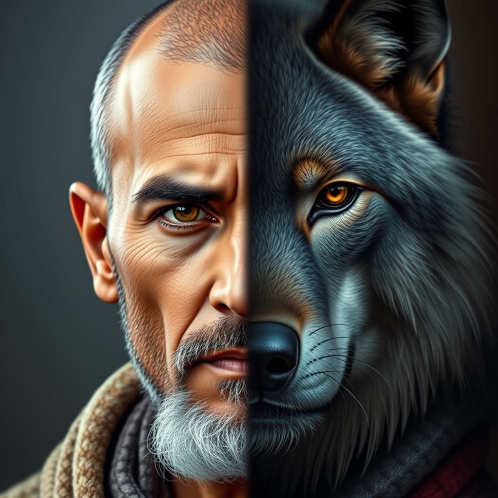 Mythical Grey Wolf Man Hybrid Portrait in Realistic Style