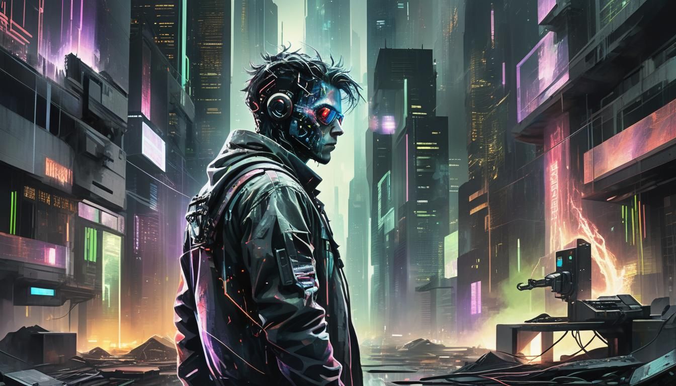 Rebel Hacker in Dystopian Cyberpunk Cityscape