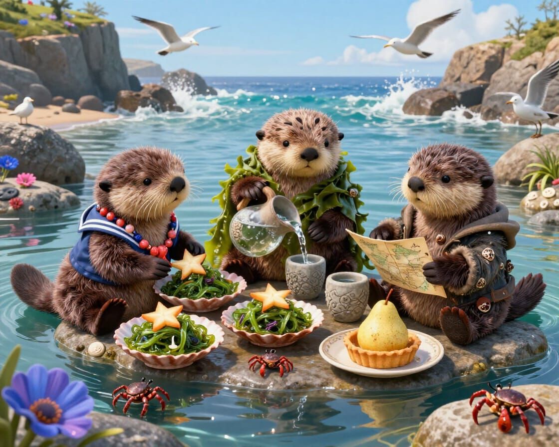 Anthropomorphic Otters Enjoy Tidepool Dining Experience