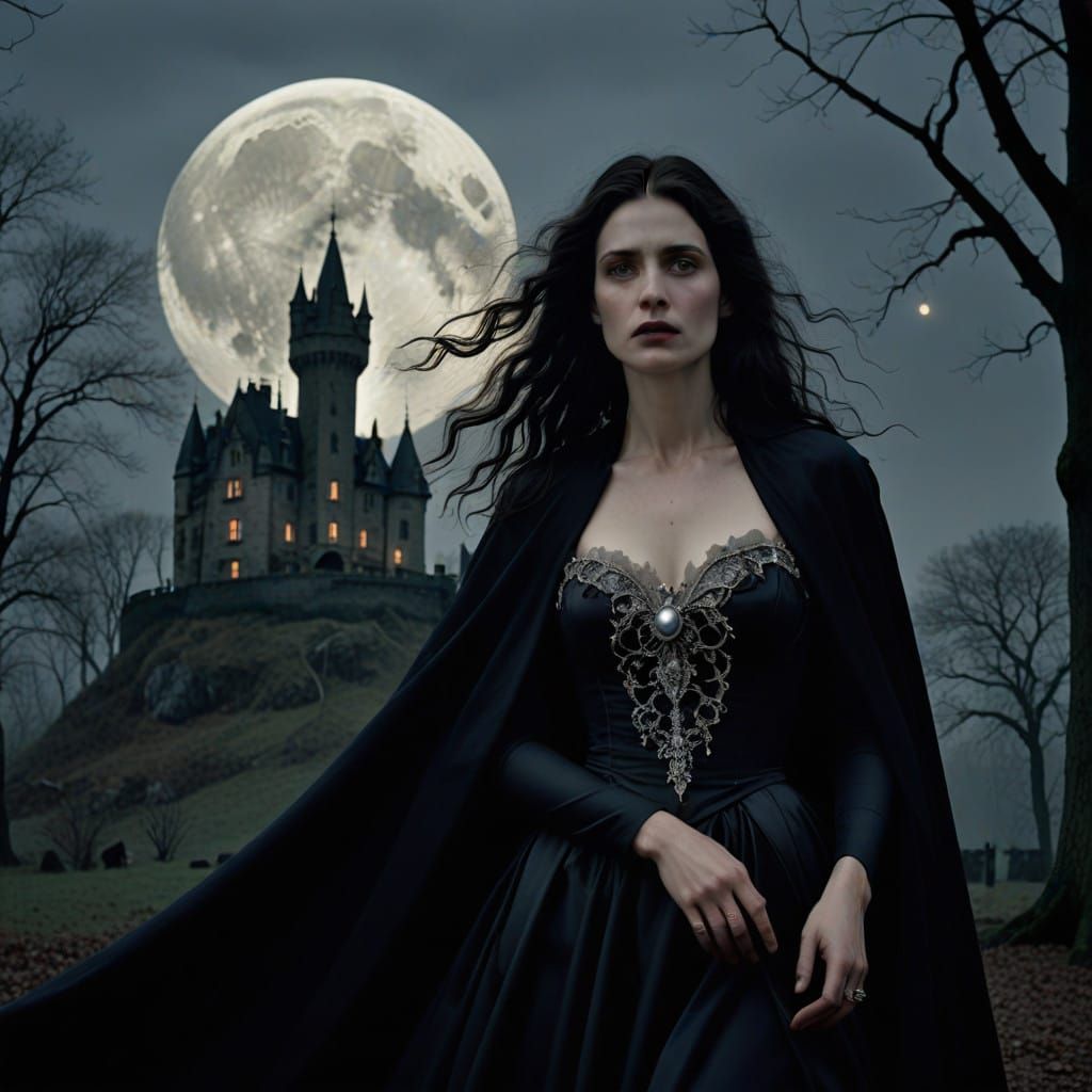 Elegant Vampire Woman Under Full Moonlight