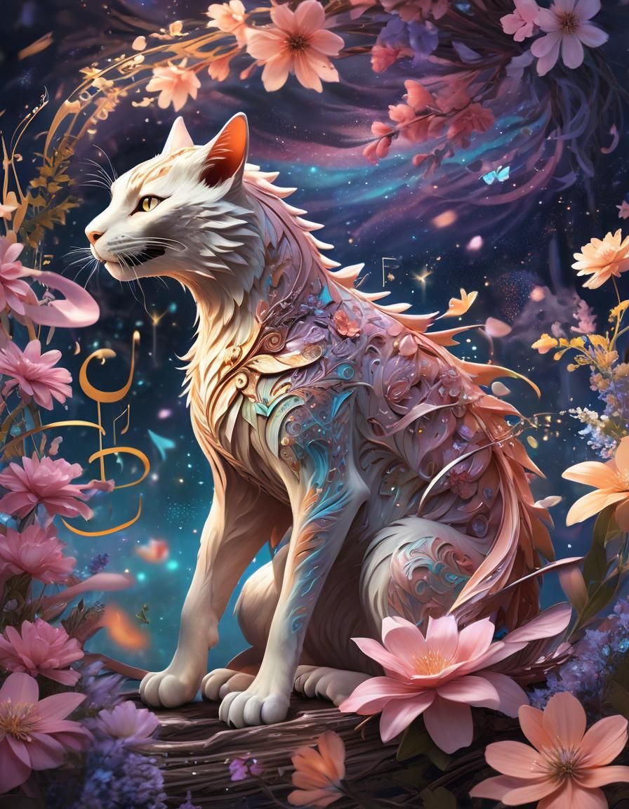 Fantasy Cat-Dragon in a Dreamlike Musical Scene