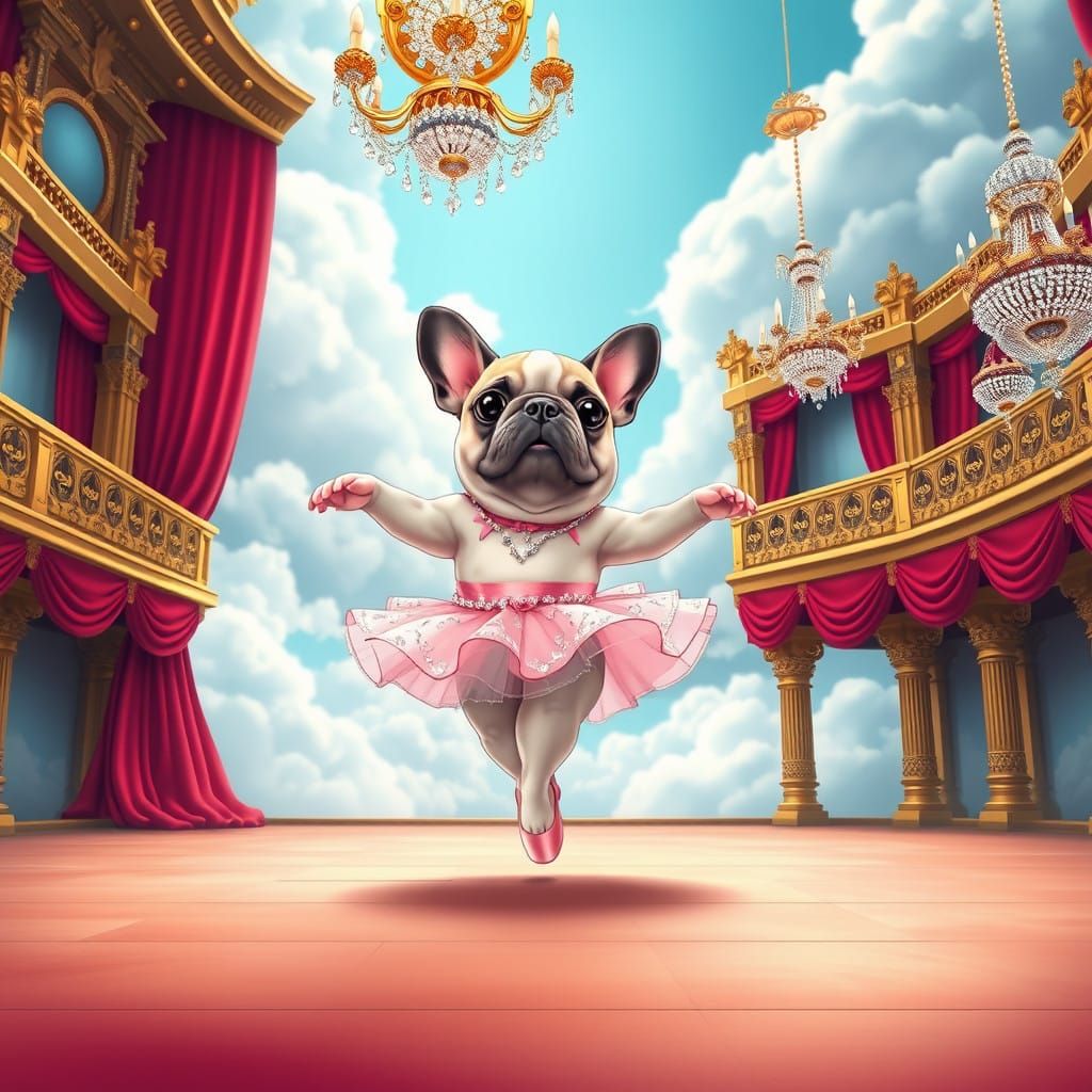 Delicate Chibi Bulldog Ballerina in Whimsical Ballet Scene