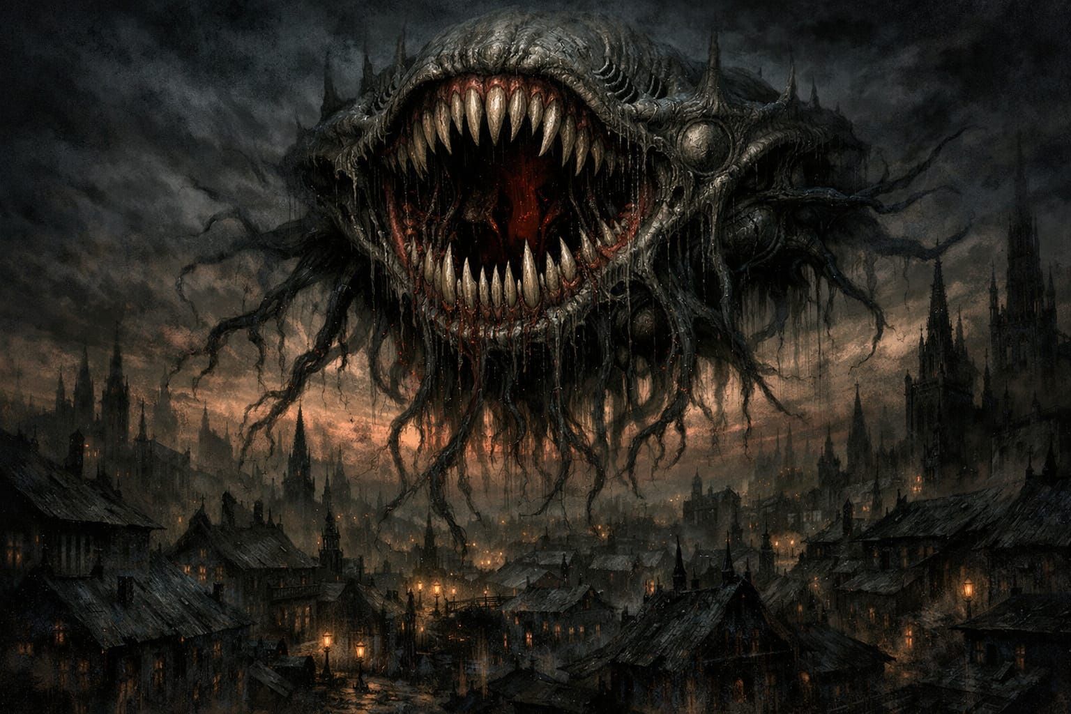 Bio-Mechanical Maw Over Gothic City in Dark Fantasy Style