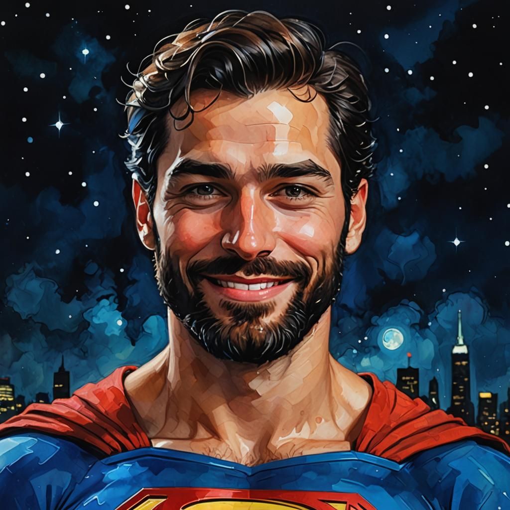 Bearded Superman Portrait in Impressionist Gouache Style