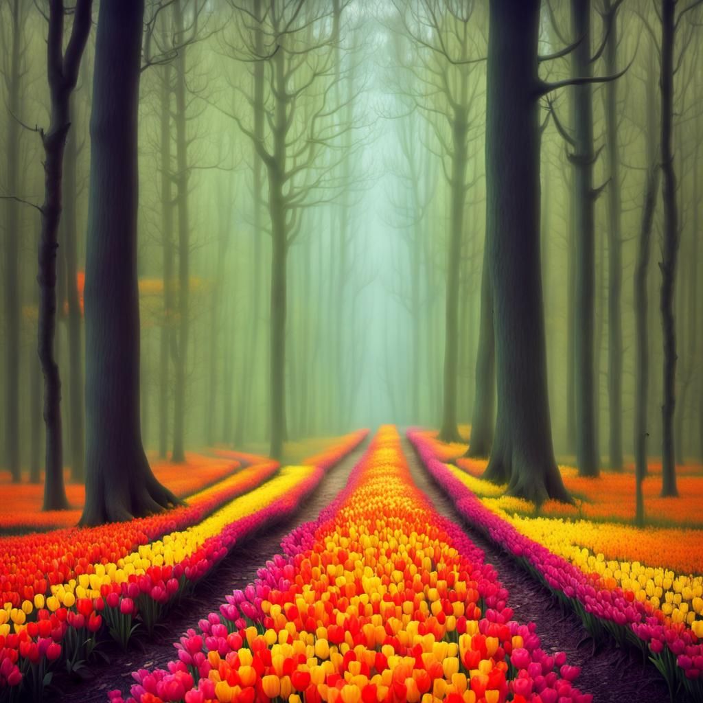 Colorful Tulip Forest Floor, Nature Photography