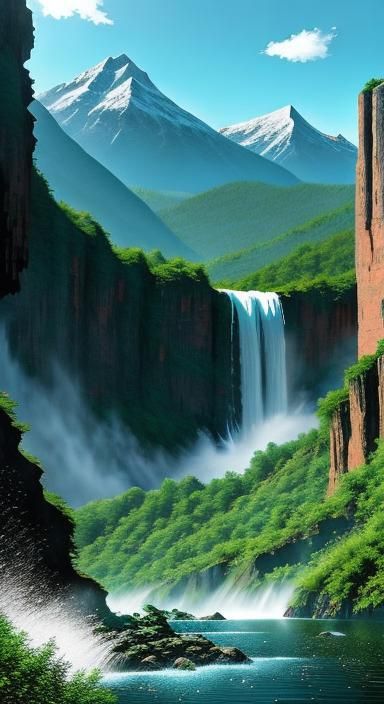 Majestic Waterfall Flowing Through Mountains