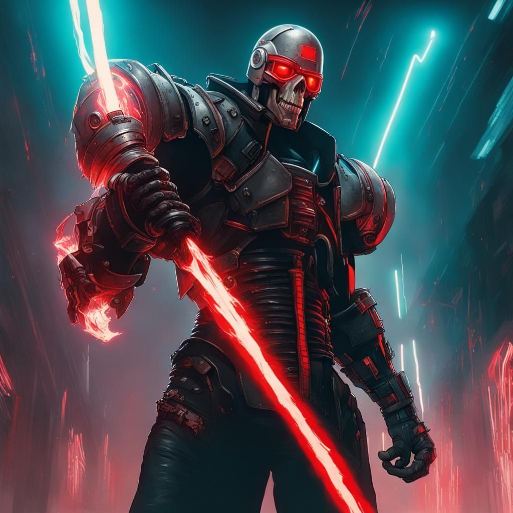 Cyberpunk Giant in Mechanical Armor with Power Fist