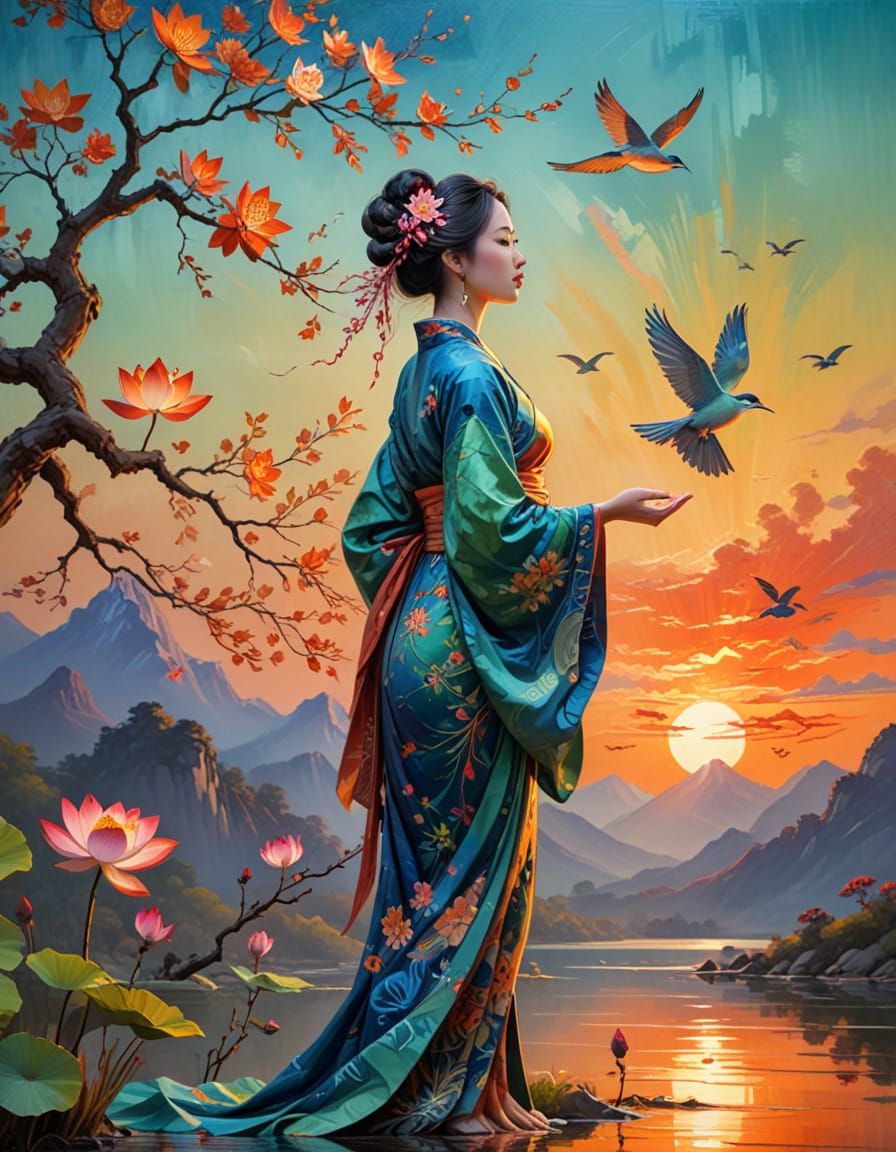 Serene East Asian Woman at Sunset in Painterly Realism