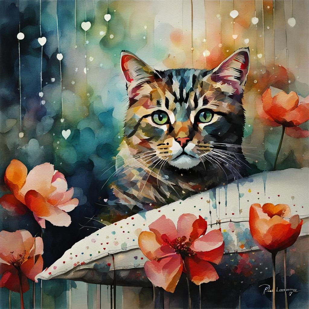 Cat with Flowers, Modern Acrylic Painting