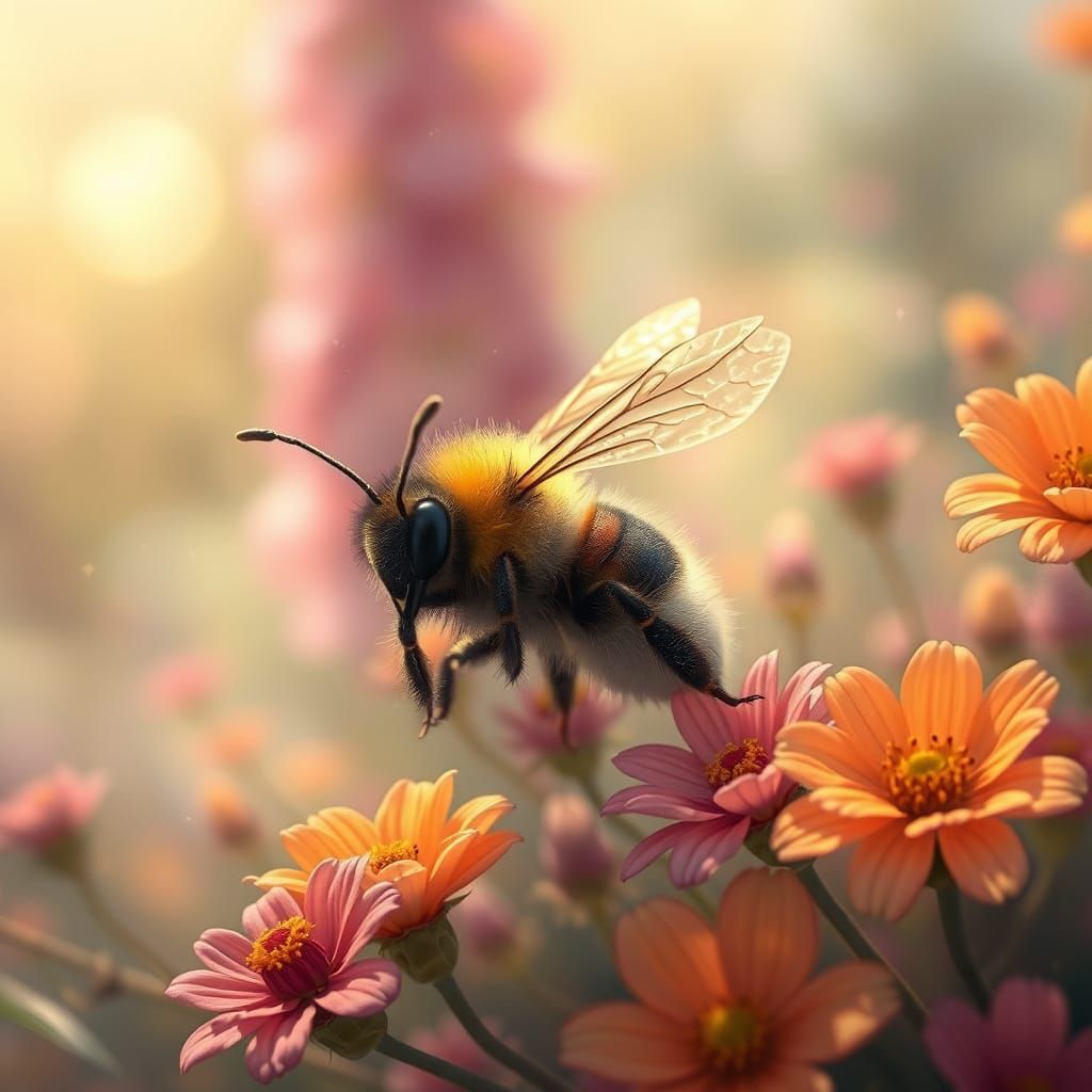 cute, cheerful little bee in lots of colorful flowers