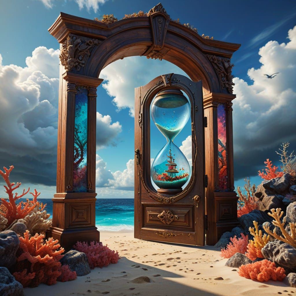 Hourglass Door Amidst Corals and Clouds: Digital Art