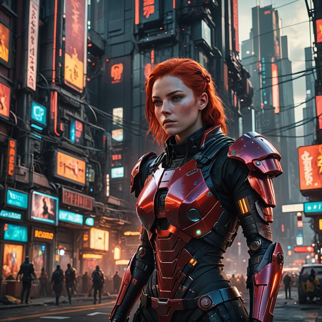 Cyberpunk Redhead in Neon Cityscape