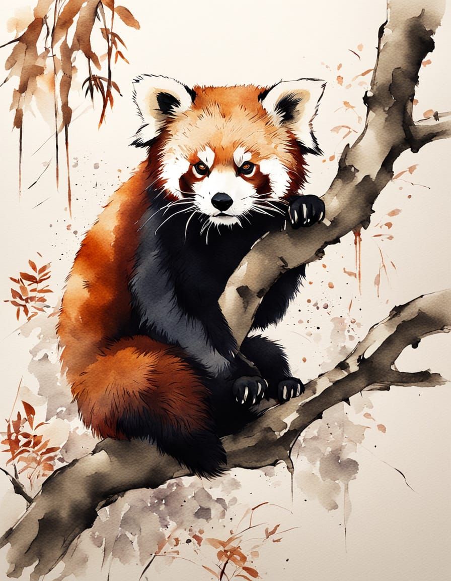 Red Panda in Sumi-e Style with Golden Lighting