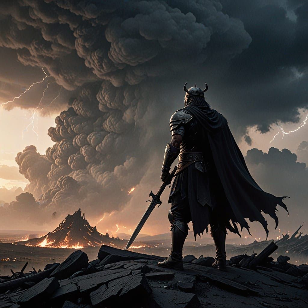 Lone Warrior on Ash Battlefield Amidst Inferno