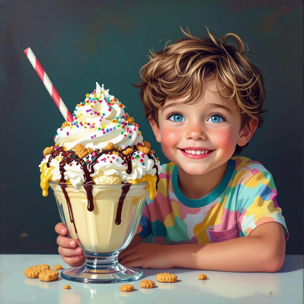 Boy and Hyper-Realistic Banana Split Digital Art