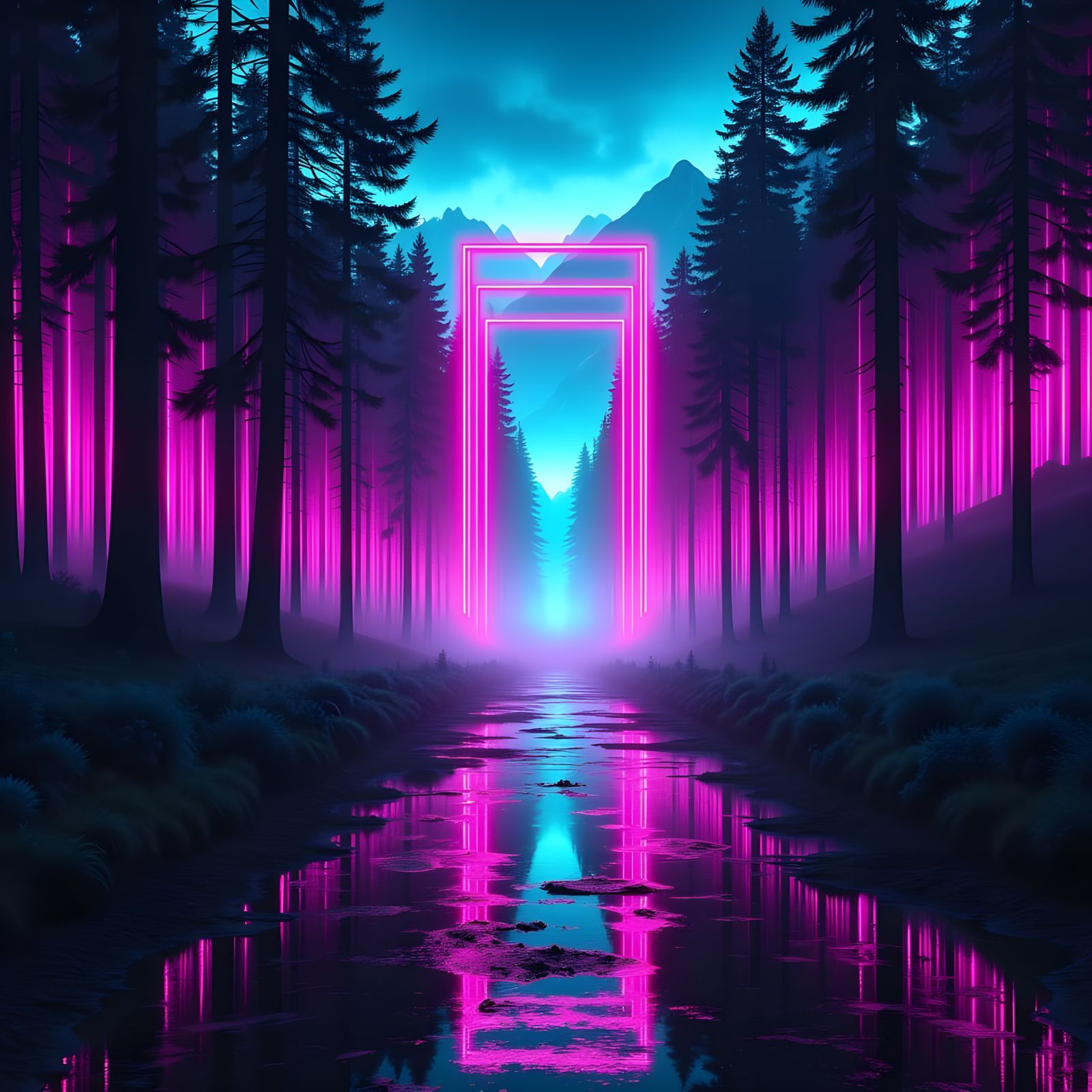Surreal Neon Forest Portal in Cyber Dreamscape