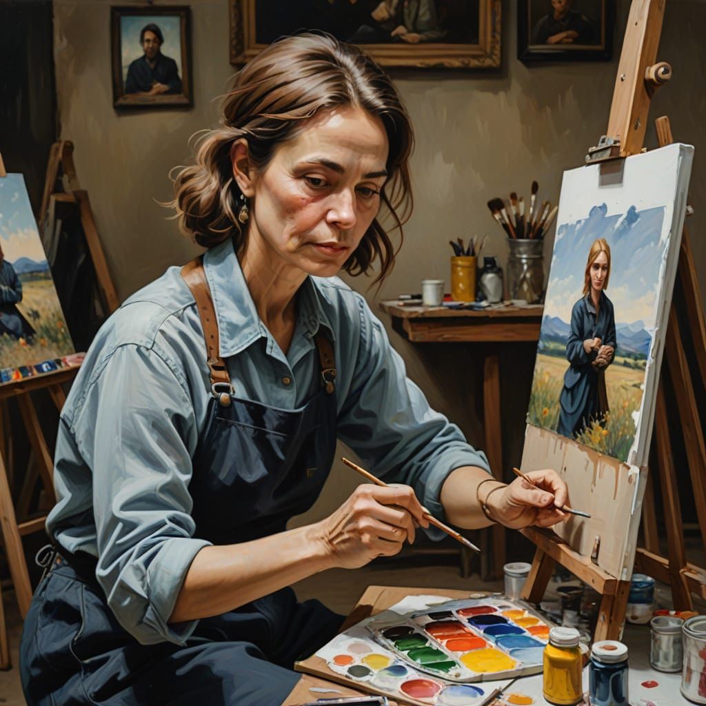 Portrait of a female artist painting a picture of herself pa...