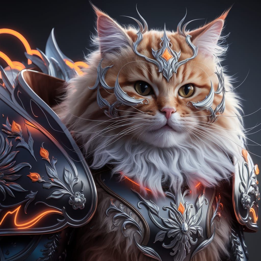 Fluffy Tabby Cat in Neon Armor Portrait