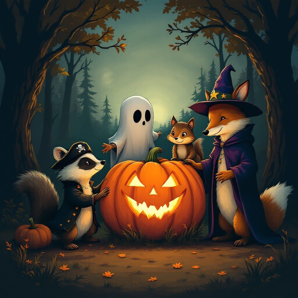 Woodland Creatures in Costumes Gather Around Pumpkin