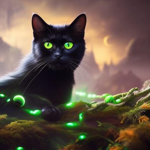 Black Cat with Glowing Green Eyes, Digital Matte Painting