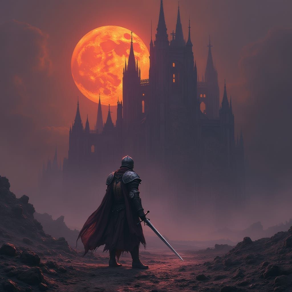 Lone Knight Under a Blood-Red Moon