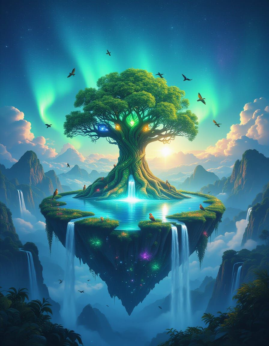 Floating Island With Tree of Life Under Aurora