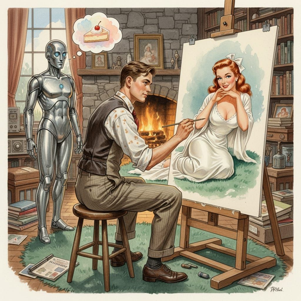 Artist Paints 1950s Pin-Up Girl with Robot Observer