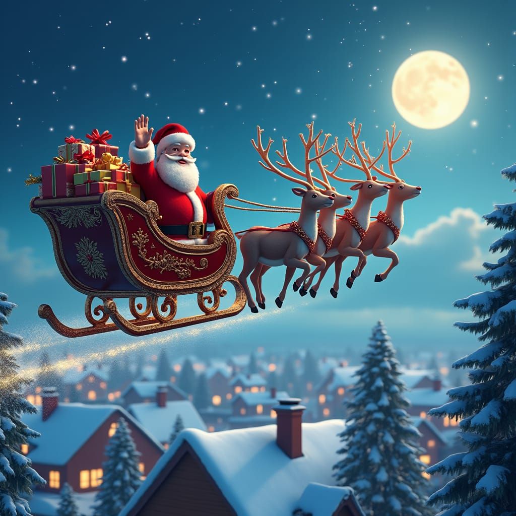 Santa Claus Sleigh Ride Through Starry Night Sky