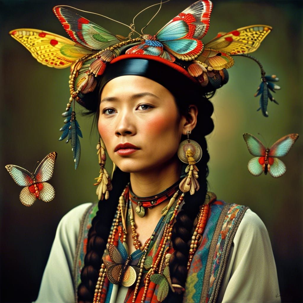 Beautiful Woman with Dragonflies and Butterfly Necklace