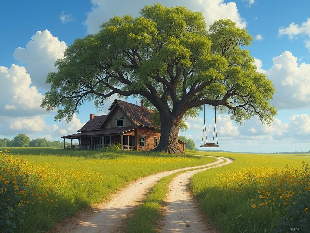 Rustic Farmhouse in Impressionistic Rural Landscape