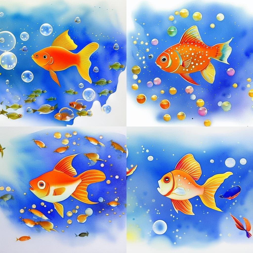 Underwater Goldfish with Bubbles in Watercolor Style