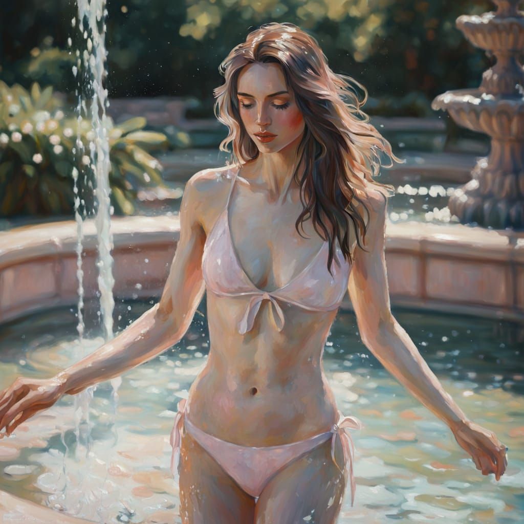 Voluptuous young woman in pale pink transparent bikini in th...