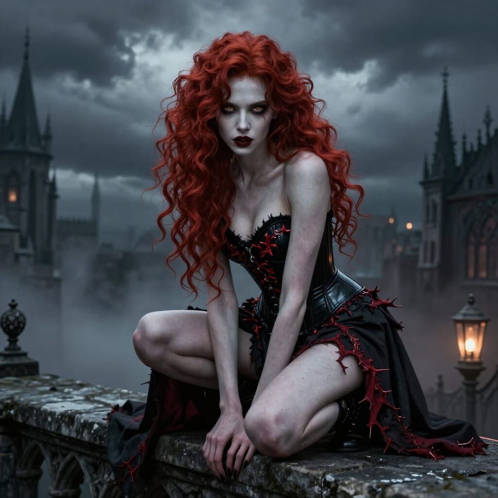 Gothic Beauty on Ledge in Stormy City